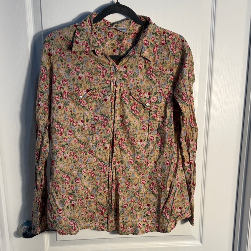 Motherhood Maternity Beige Button-Down Shirt Pink Floral Print 100% Cotton Sz L
